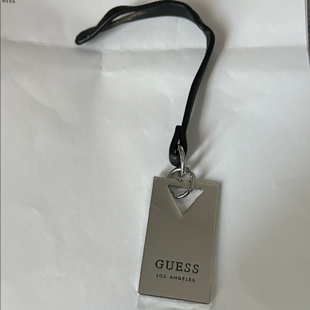 GUESS Silver Hangtag with Black leather strap New